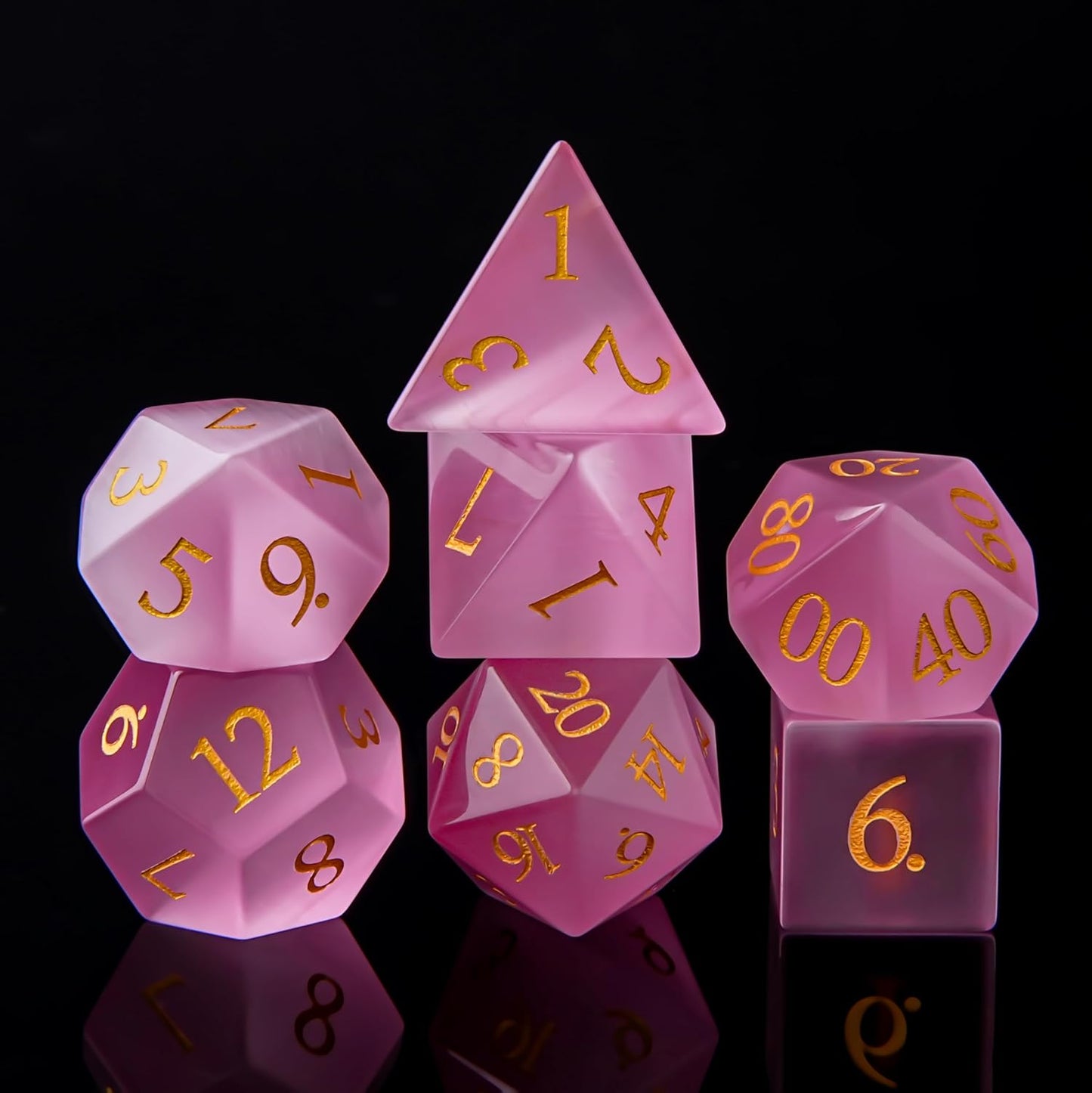 YEMEKO 7PCS Cat Eye Stone Dice Set Gemstone Dungeons and Dragons Tabletop Gaming RPG DND Role Polyhedra Gaming D4 D6 D8 D10 D% D12 D20 Normal K9 Crystal Stone Engraved Golden Numbers