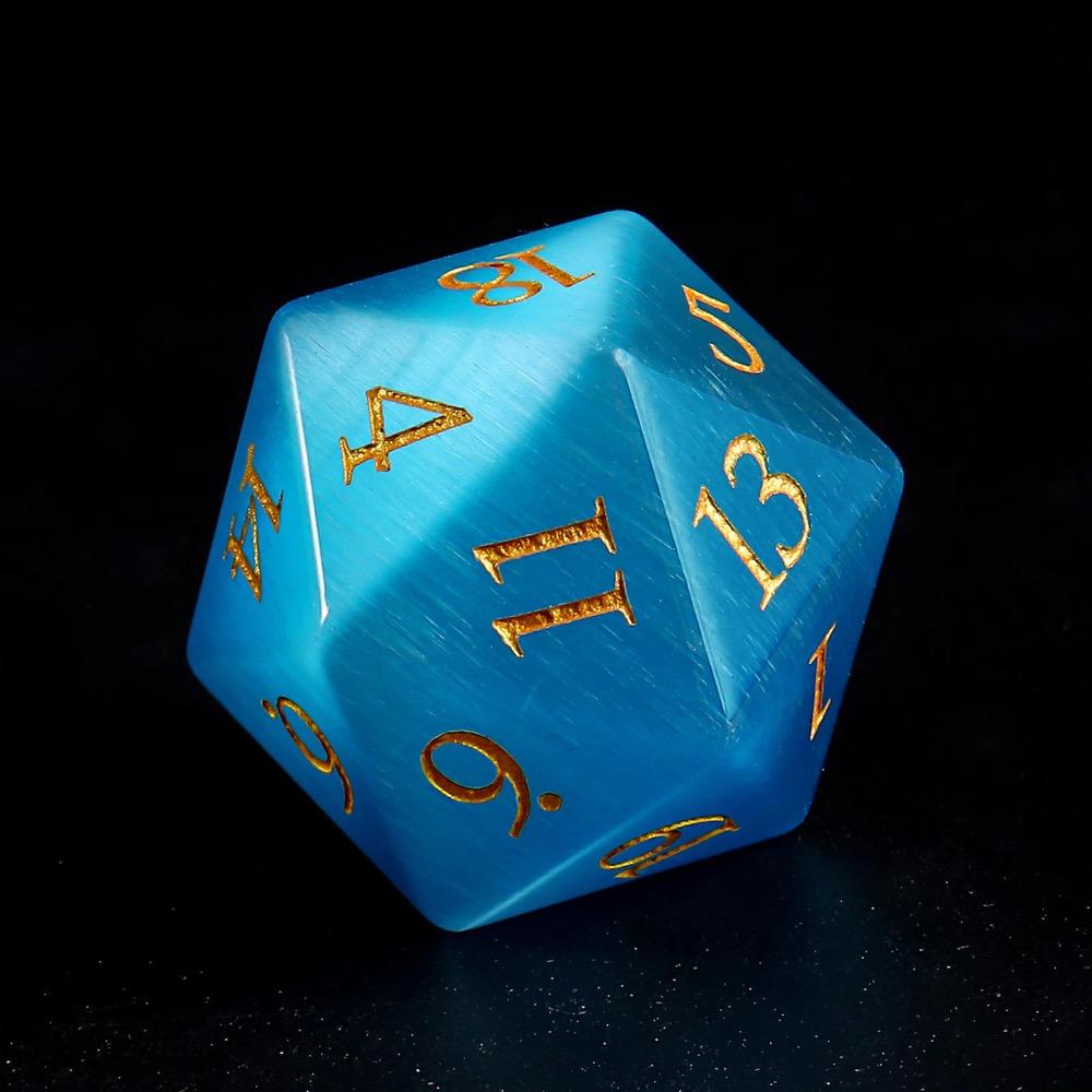 YEMEKO 7PCS Cat Eye Stone Dice Set Gemstone Dungeons and Dragons Tabletop Gaming RPG DND Role Polyhedra Gaming D4 D6 D8 D10 D% D12 D20 Normal K9 Crystal Stone Engraved Golden Numbers