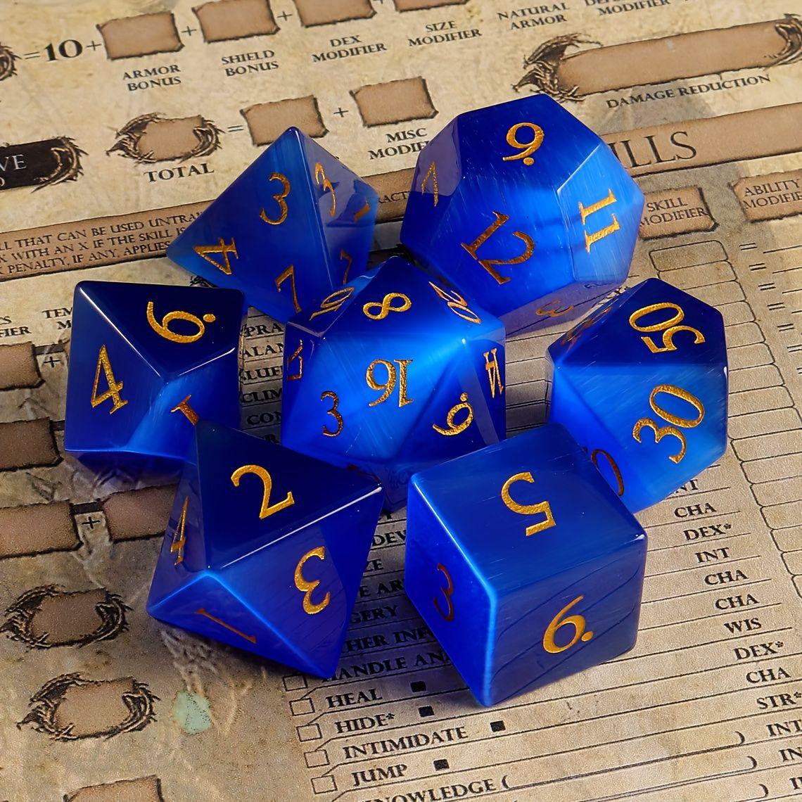 YEMEKO 7PCS Cat Eye Stone Dice Set Gemstone Dungeons and Dragons Tabletop Gaming RPG DND Role Polyhedra Gaming D4 D6 D8 D10 D% D12 D20 Normal K9 Crystal Stone Engraved Golden Numbers