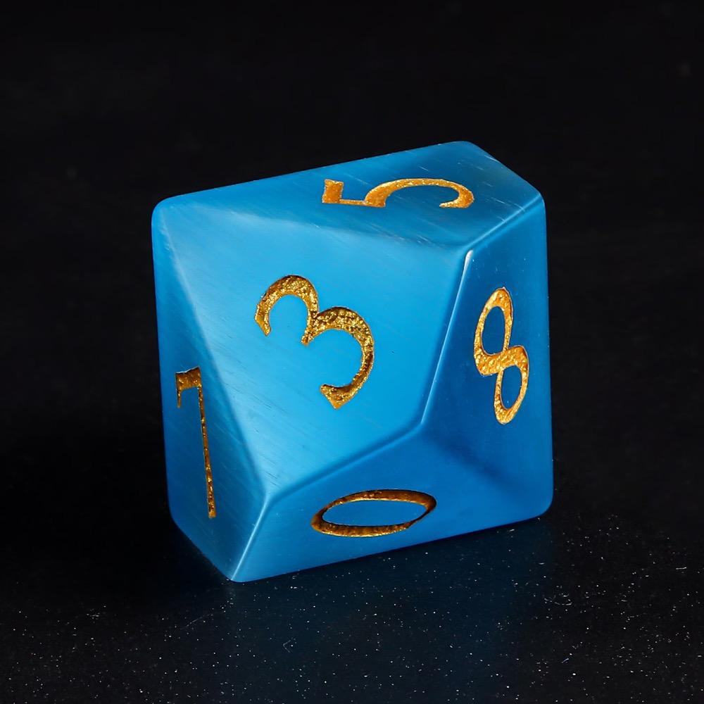 YEMEKO 7PCS Cat Eye Stone Dice Set Gemstone Dungeons and Dragons Tabletop Gaming RPG DND Role Polyhedra Gaming D4 D6 D8 D10 D% D12 D20 Normal K9 Crystal Stone Engraved Golden Numbers