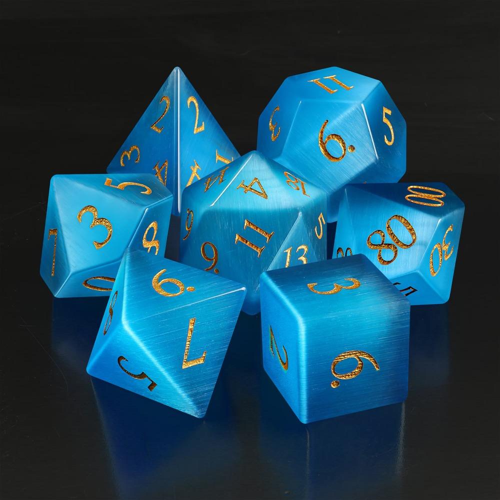 YEMEKO 7PCS Cat Eye Stone Dice Set Gemstone Dungeons and Dragons Tabletop Gaming RPG DND Role Polyhedra Gaming D4 D6 D8 D10 D% D12 D20 Normal K9 Crystal Stone Engraved Golden Numbers