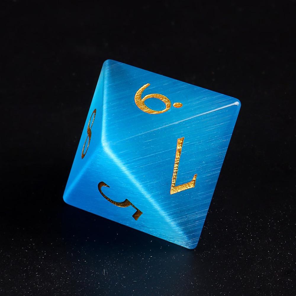 YEMEKO 7PCS Cat Eye Stone Dice Set Gemstone Dungeons and Dragons Tabletop Gaming RPG DND Role Polyhedra Gaming D4 D6 D8 D10 D% D12 D20 Normal K9 Crystal Stone Engraved Golden Numbers