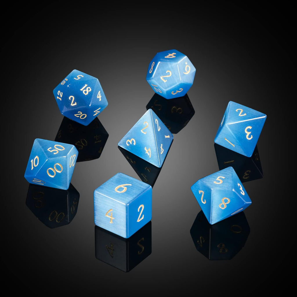 YEMEKO 7PCS Cat Eye Stone Dice Set Gemstone Dungeons and Dragons Tabletop Gaming RPG DND Role Polyhedra Gaming D4 D6 D8 D10 D% D12 D20 Normal K9 Crystal Stone Engraved Golden Numbers