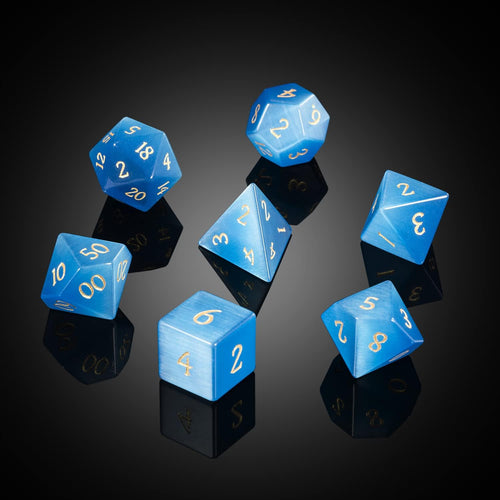YEMEKO 7PCS Cat Eye Stone Dice Set Gemstone Dungeons and Dragons Tabletop Gaming RPG DND Role Polyhedra Gaming D4 D6 D8 D10 D% D12 D20 Normal K9 Crystal Stone Engraved Golden Numbers