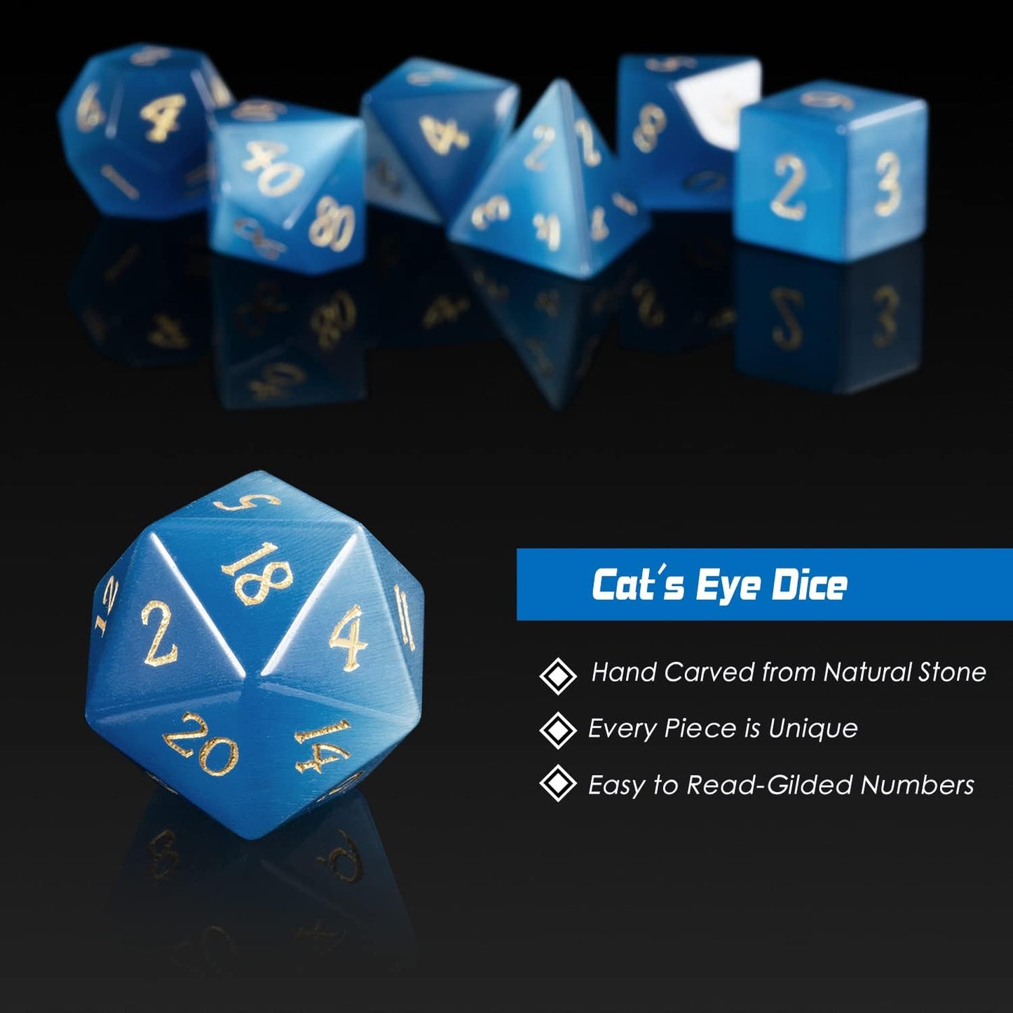YEMEKO 7PCS Cat Eye Stone Dice Set Gemstone Dungeons and Dragons Tabletop Gaming RPG DND Role Polyhedra Gaming D4 D6 D8 D10 D% D12 D20 Normal K9 Crystal Stone Engraved Golden Numbers