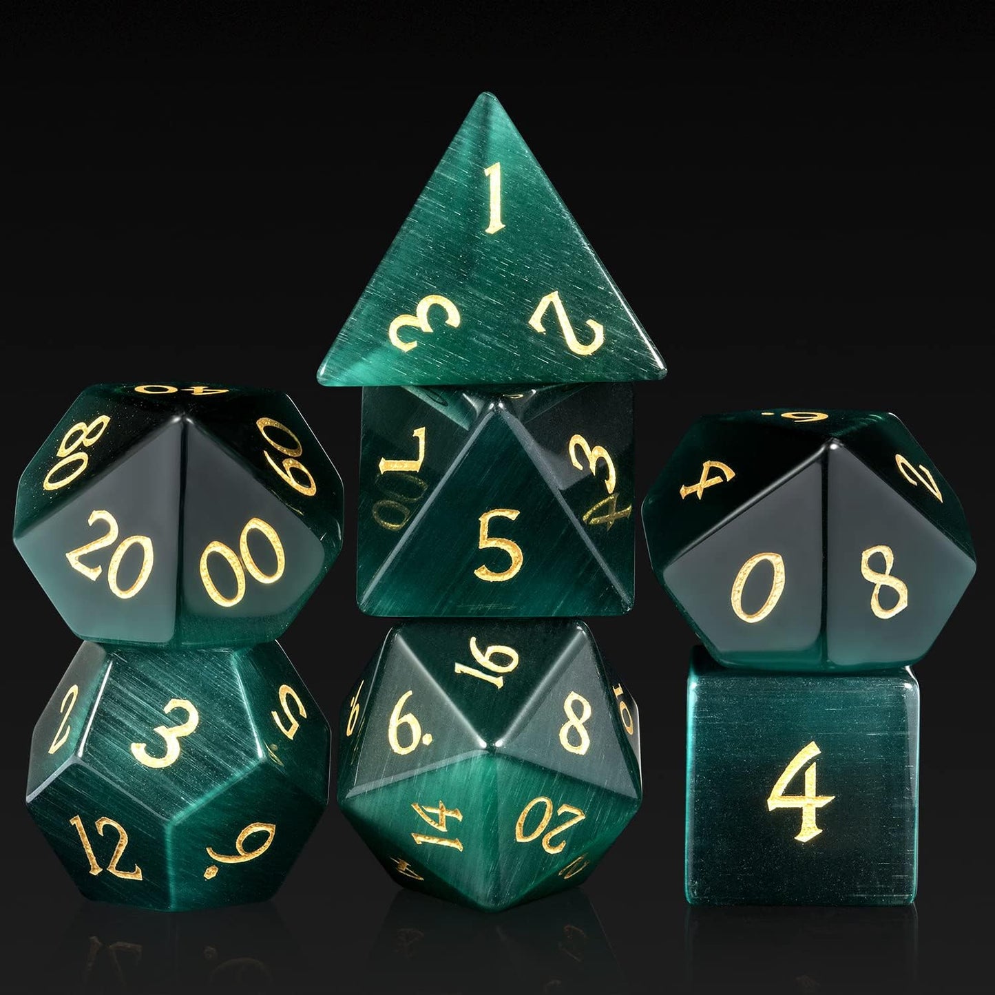 YEMEKO 7PCS Cat Eye Stone Dice Set Gemstone Dungeons and Dragons Tabletop Gaming RPG DND Role Polyhedra Gaming D4 D6 D8 D10 D% D12 D20 Normal K9 Crystal Stone Engraved Golden Numbers