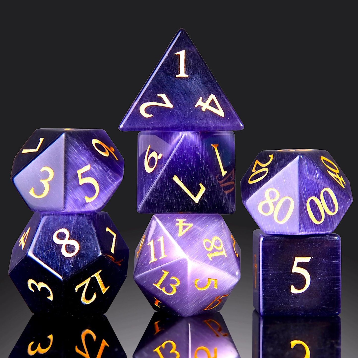 YEMEKO 7PCS Cat Eye Stone Dice Set Gemstone Dungeons and Dragons Tabletop Gaming RPG DND Role Polyhedra Gaming D4 D6 D8 D10 D% D12 D20 Normal K9 Crystal Stone Engraved Golden Numbers
