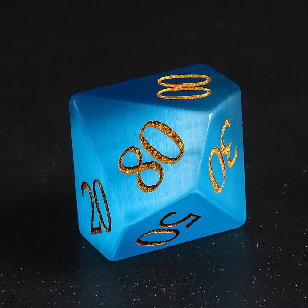 YEMEKO 7PCS Cat Eye Stone Dice Set Gemstone Dungeons and Dragons Tabletop Gaming RPG DND Role Polyhedra Gaming D4 D6 D8 D10 D% D12 D20 Normal K9 Crystal Stone Engraved Golden Numbers