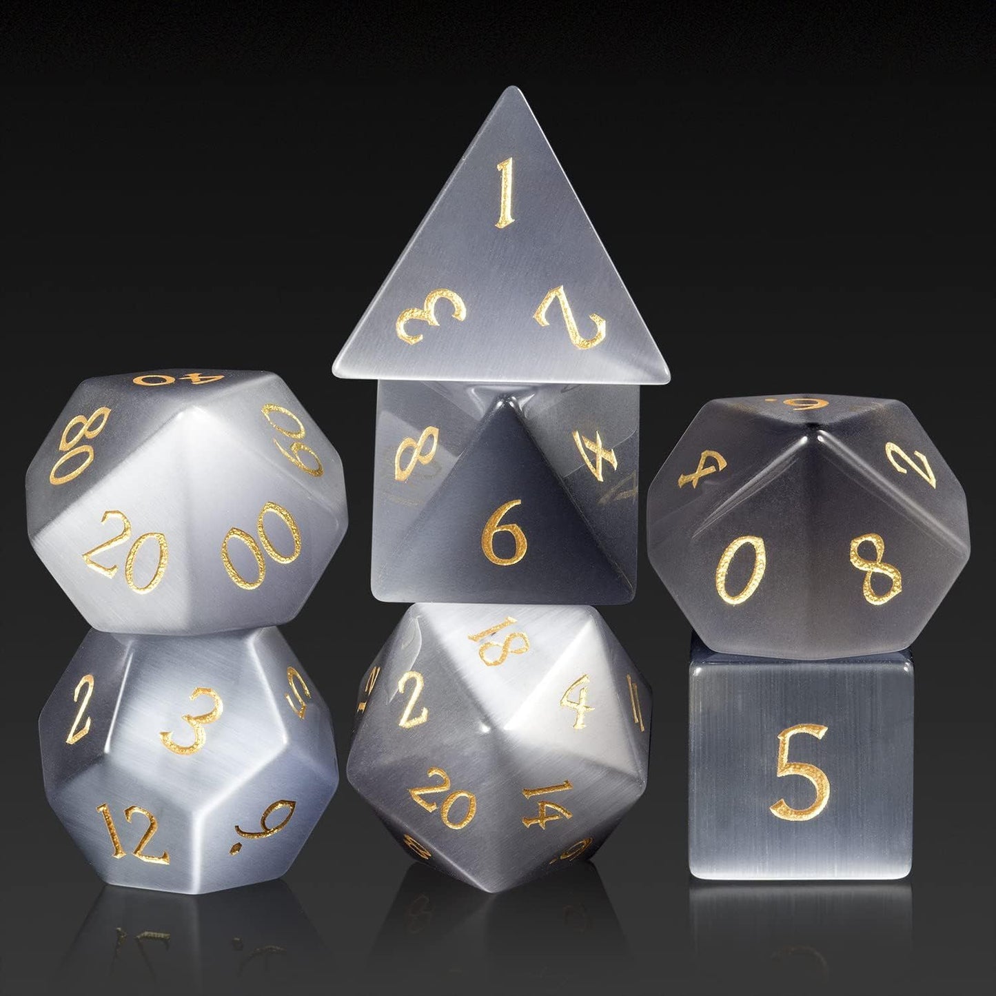 YEMEKO 7PCS Cat Eye Stone Dice Set Gemstone Dungeons and Dragons Tabletop Gaming RPG DND Role Polyhedra Gaming D4 D6 D8 D10 D% D12 D20 Normal K9 Crystal Stone Engraved Golden Numbers