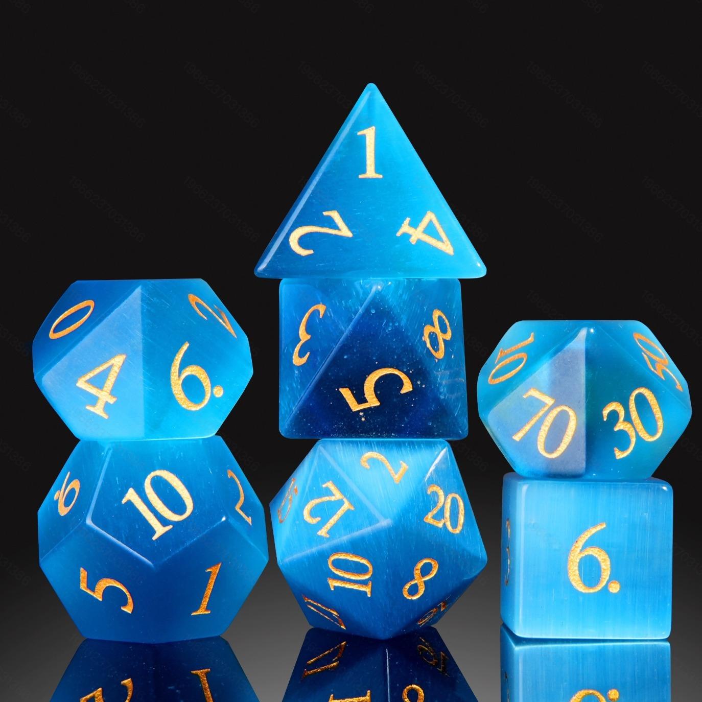 YEMEKO 7PCS Cat Eye Stone Dice Set Gemstone Dungeons and Dragons Tabletop Gaming RPG DND Role Polyhedra Gaming D4 D6 D8 D10 D% D12 D20 Normal K9 Crystal Stone Engraved Golden Numbers